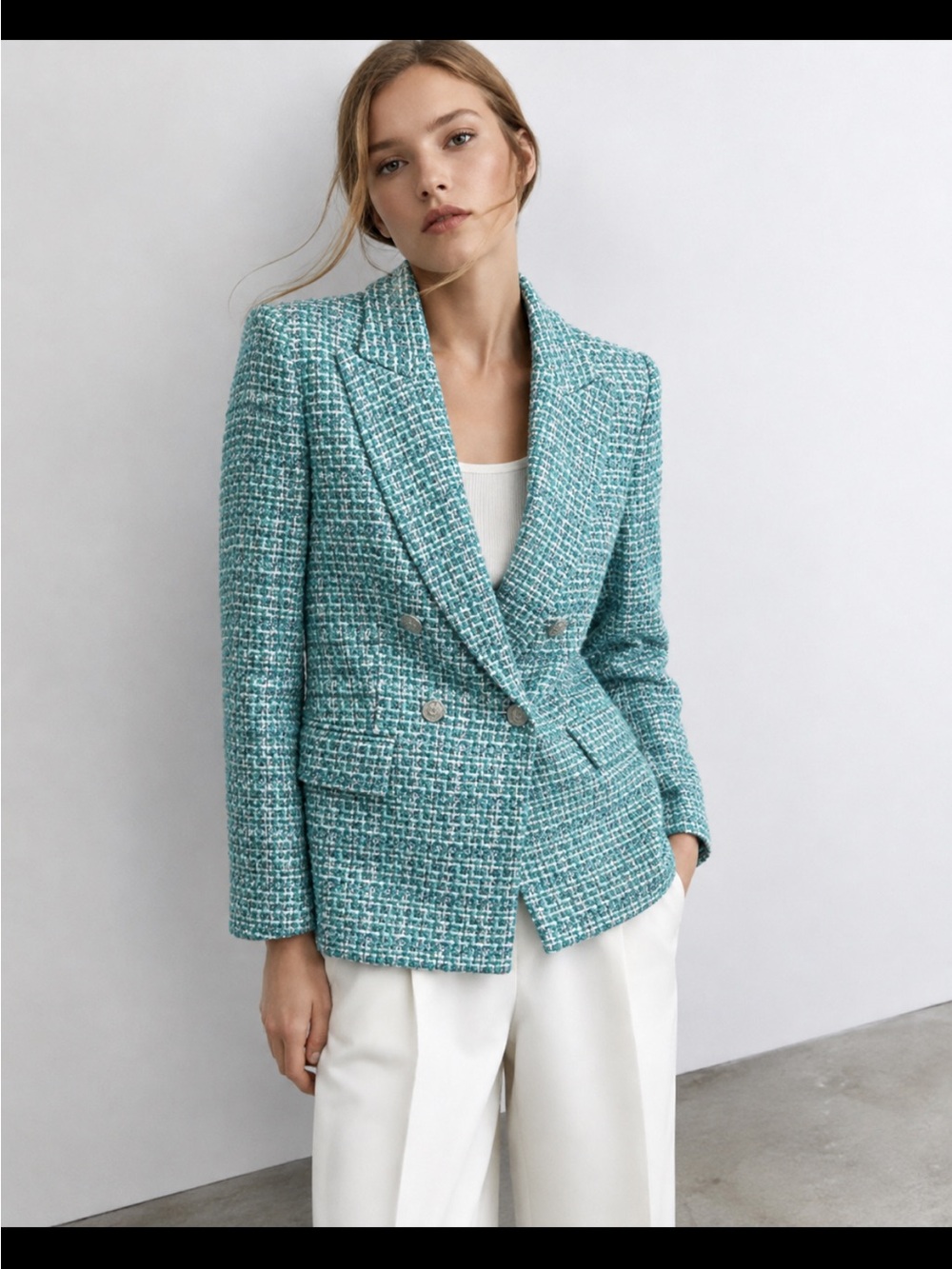 Zara Teal Tweed Double-Breasted Blazer